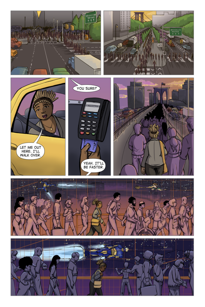 Comic page showing Jess making her way across the Brooklyn Bridge as superheroes fight in the background.