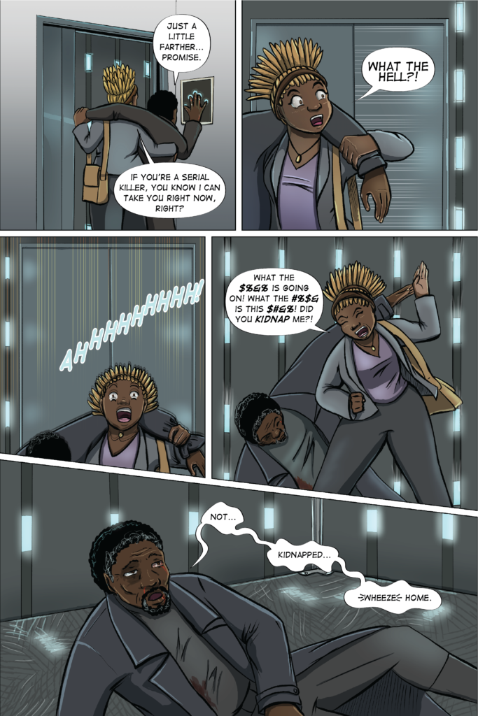 A comic page showing the protagonist Jess getting taken down a high speed, high tech elevator. She thinks she's being kidnapped.